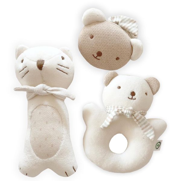 JOHN N TREE Organic,Organic Toy Rattle Baby Lovey Toy, Soft Plush Toy, Baby Shower Gift, Baby Comforter (Kitty, Baby Bear Handle, Baby Bear Wrist)