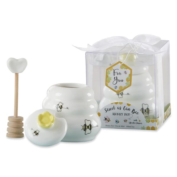 Kate Aspen Sweet as Can Bee Ceramic Mini Honey Pot with Wooden Honey Dipper (3.4 oz) Honey Jar, Bee Decor, White/Yellow (23261WT)