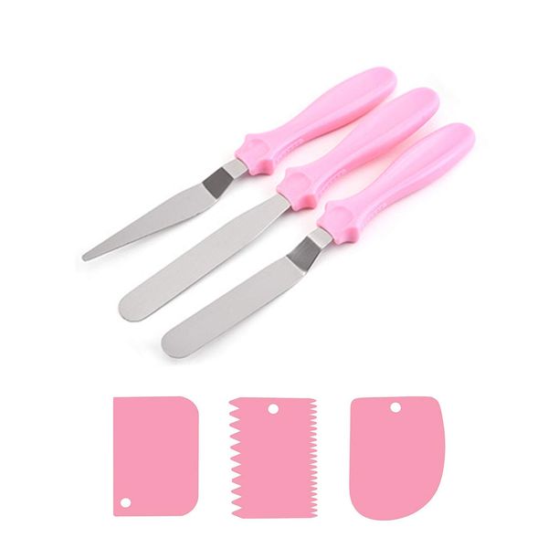 TSHAOUN Icing Spatulas Set 3 Pcs Stainless Steel Spatulas with 3 Pcs Plastic Cake Scrapers for Cream Spreading, Cake Decorating, Frosting Pastries, Cupcake (Pink)