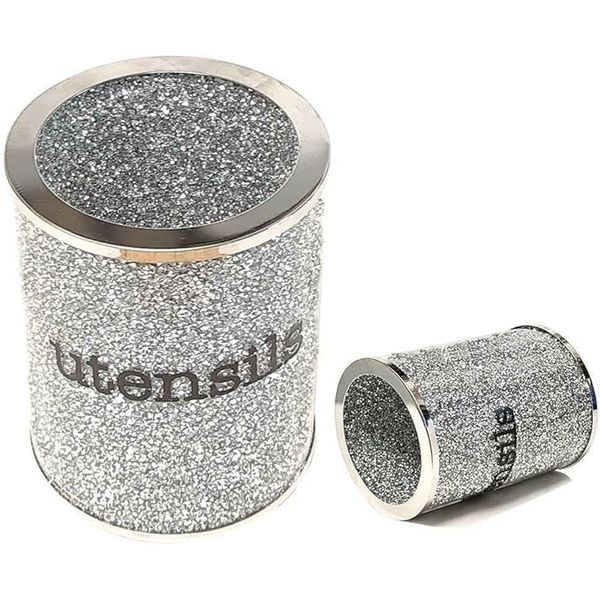 Diamond Crystal Utensil Holder Glass Kitchen Utensil Holders For Countertop, Utensil Caddy, Utensil Crock Kitchen Utensil Organizer, (Silver, Round)