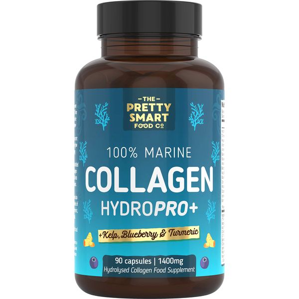 Powerful Marine Collagen Tablets - with Hyaluronic Acid, Biotin & Blueberry - 1400MG Complex - Hydrolysed Type 1 - with Vitamins & Minerals - 90 Capsules - Made in The UK by The Pretty Smart Food Co