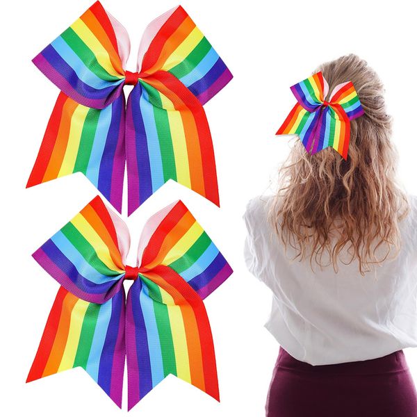 Rainbow Cheer Bows Gay Pride Day Hair Bows Cheerleader Bows Glitter Ponytail Holder Elastic Large Hair Band Ribbon Bow Hair Accessories for Girls Women 2 Pack