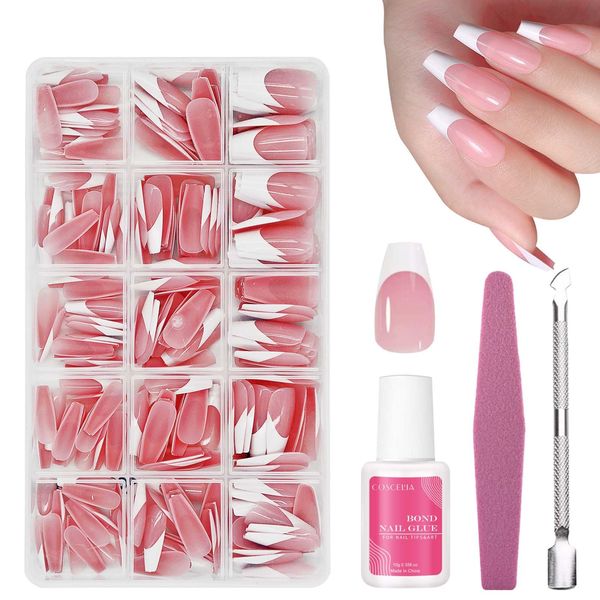 French False Nails Kit - 240pcs French Press On Nails - Long Coffin False Nails with Glue - 15 Different Sizes White French Tip False Nails - Glossy Full Cover Stick on Nails