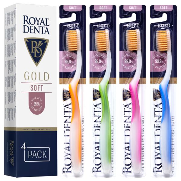 Royal Denta Gold Zahnbürsten mit weichen Borsten 4er-Pack - Doppellänge Borsten für effektive Interdentalreinigung, Goldpartikel gegen Bakterien, Weiche Bürste für empfindliche Zähne, Mehrfarbig