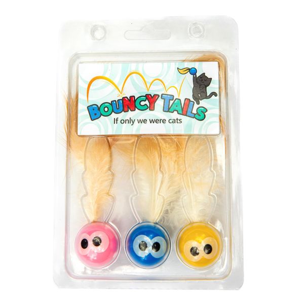 Bouncy Tails 3 Pack Interactive Bouncy Ball with Natural Feathers for Indoor Cats and Kittens who Love to Play and Have Fun.