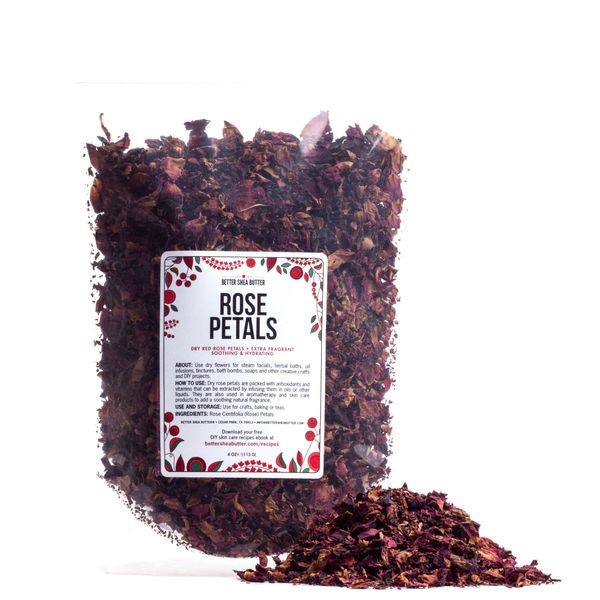 Dried Rose Petals | Edible, Food Grade Red Petals for Cooking and Tea | Suitable for Soap Making, Infused Oils, Lipgloss, Bath Bombs, Bath, Wedding Confetti | 4 oz by Better Shea Butter