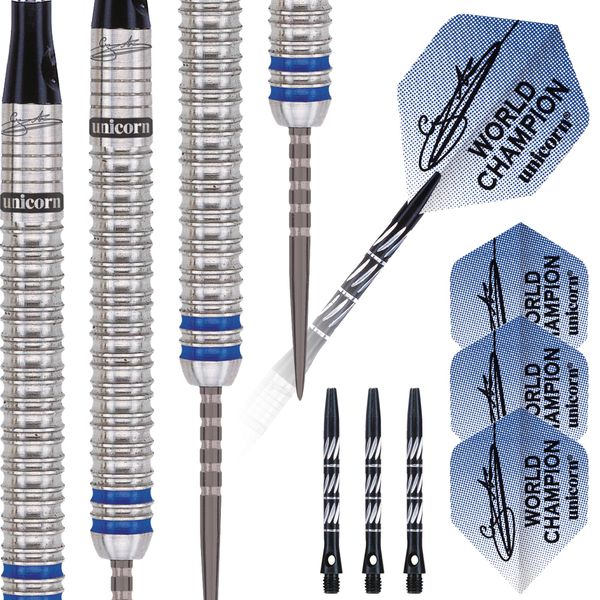 Unicorn Steel Tip Darts Set | Gary 'The Flying Scotsman' Anderson Phase 3 World Champion | 90% Natural Tungsten Barrels with Blue Accents | 23 g