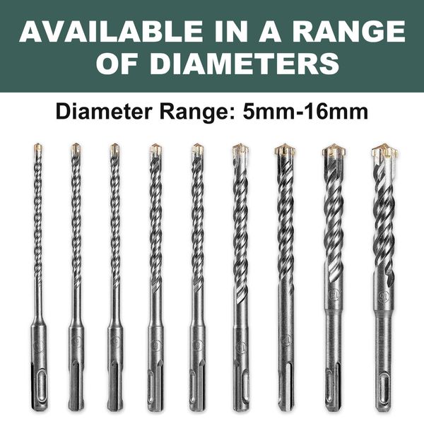 SDS Drill Bit Set, Wood Metal Drill Bit Set, 9PCS (5mm~16mm) Cross Drill Bits SDS-Plus Electric Hammer Impact Drill Bit for Drill Holes in Concrete, Ceramic Tile, Stone, Plastic