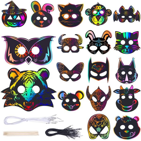 AUGSUN Halloween Crafts, Halloween Mask Crafts, 42pcs Halloween Rainbow Scratch Masks Crafts (Halloween Animal, 42)