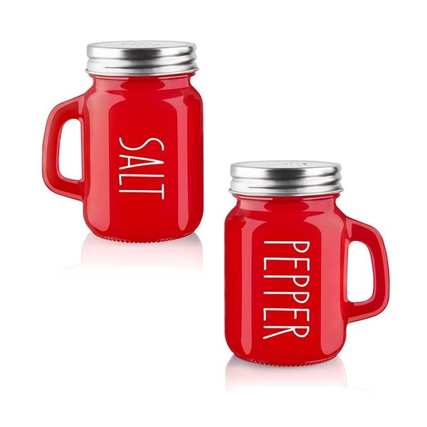 Pack of 2 Salt and Pepper Pots Salt and Pepper Shaker Salt and Pepper Set Salt Shaker Salt Pot Kitchen Accessories (Red & Red, Salt and Pepper Pots with Handle)