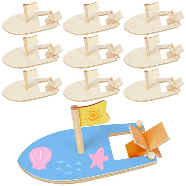 Amersumer 10 Pcs DIY Toy Wood Boat Craft Kits, Mini Wooden Sailboat Kits, Paddle Boats Paint and Decorate for School Projects, Make Your Own Sailboat Craft