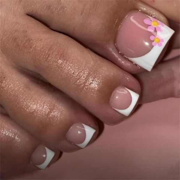 24Pcs French Square False Toenails - White French Fake Toe Nail with Pink Flower - Acrylic Stick on Toenail with Nail Glue - Elegant Full Cover French Nail Tips for Women Girls Nail Art