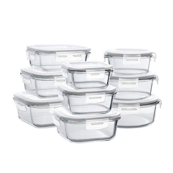 Bayco Glass Storage Containers with Lids, 9 Sets Glass Meal Prep Containers Airtight, Glass Food Storage Containers, Glass Containers for Food Storage with Lids - BPA-Free & Leak Proof