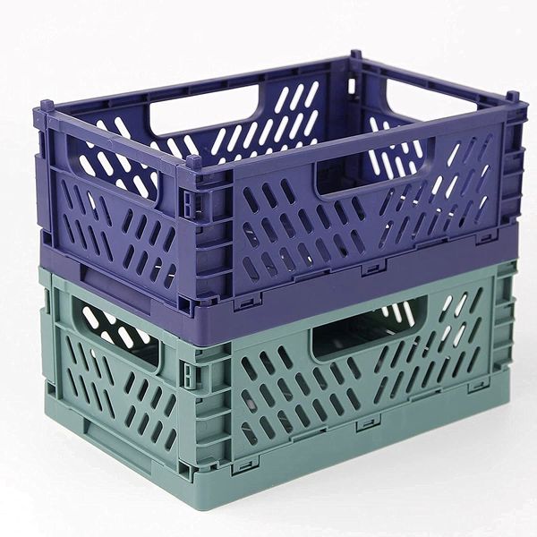 Spesh 2 Pcs Collapsible Storage Boxes Mini Storage Crates Stackable Storage Baskets Plastic Folding Crates for Kitchen,Living Room,Office(22*15*9cm,Blue+Dark Green)