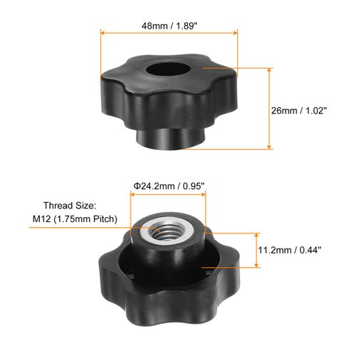 HARFINGTON 10pcs Star Knobs M12 Female Thread 48mm Head Plastic Through Hole Brass Screw-in Clamping Handles Threaded Hand Knobs, Black