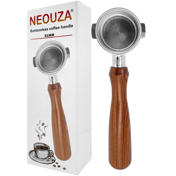 NEOUZA 51mm Espresso Bottomless Portafilter for Delonghi ECP31.21 ECP33.21 ECP35.31 ECOV311,304 Food Stainless Steel,Rosewood Handle,with Cup Filter Basket