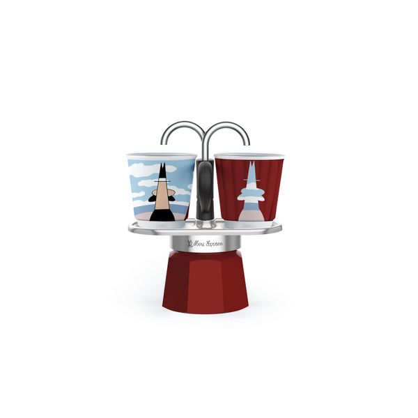 Bialetti - Mini Express Magritte: Moka Set includes Coffee Maker 2-Cup (2.8 Oz) + 2 shot glasses, Red, Aluminium