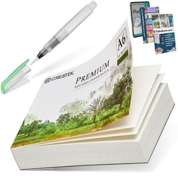 CreaTek Aquarellpapier A6 300g [ inkl 2 Std. Video Kurs ] 60 Blatt Aquarellblock A6 + Wassertankpinsel +400 Malvorlagen - praktische Aquarell Papier Postkarte zum selbstgestalten | Watercolor Paper