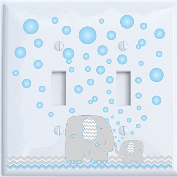 Elephant Light Switch Plate Covers/Double Toggle Switch Plate/Elephants with Grey and Blue Chevron Switch Plates with Blue Bubbles (Double Toggle)