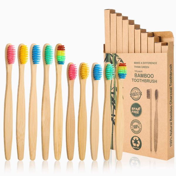 Yorgewd 10 Pcs Bamboo Toothbrushes Family Pack, Medium Bristles | Eco- Friendly | Biodegradable & BPA Free Organic Wooden Toothbrushes for Adult and Kids