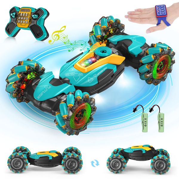 Ideashop Gesture Sensing RC Stunt Car, Remote Control Twist Cars for Boy & Girls, 2.4GHz 4WD RC Cars with Lights & Music, Drift Hand Controlled Offroad 360° Rotation Stunt Car Toys Gift for 6-12 yr