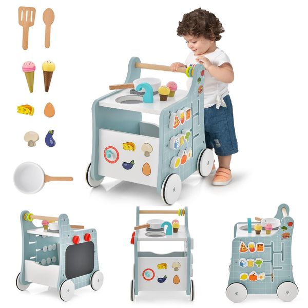 INFANS 6 in 1 Wooden Baby Walker, Play Kitchen Playset, Toddler Push Learning Activity Walker with Wheels Shape Sorter Movable Slider, Montessori Educational Toy for Girls Boys 1-3 Years