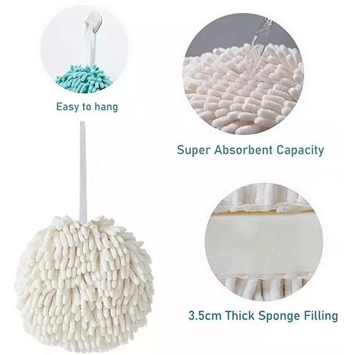 Pofiko Chenille Ball Hand Towels Set of 3 – Soft, Absorbent, Quick-Dry Microfiber Towels with Wall Hook – Fuzzy Ball Hanging Hand Towel Perfect for Bathroom & Kitchen Use