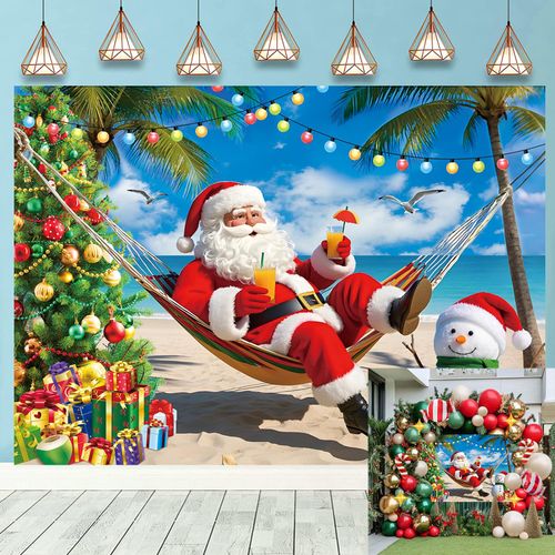July Christmas Decorations Backdrop Summer Christmas Tree Santa Snowman Photography Background Tropical Hawaiian Beach Xmas Party Banner Supplies (8x6FT: 96x72 inch)