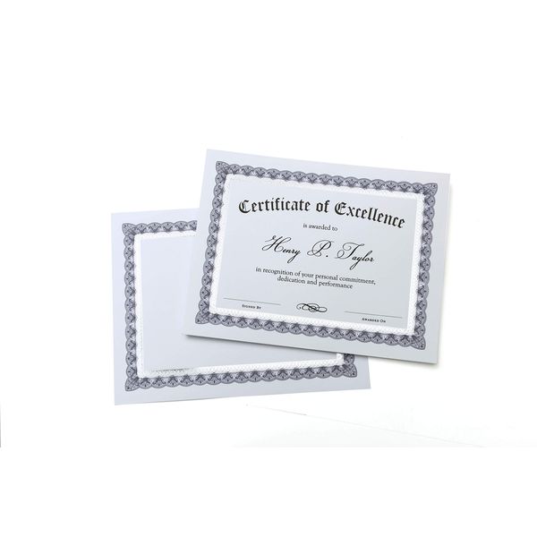 Gartner Studios Certificate Paper, White with Blue and Silver Ornate Foil Border, 80lb 8.5” x 11”, 15 Count