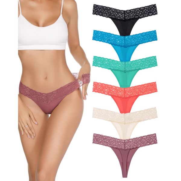 UGDUCK Lace Thongs for Women, Seamless Thong Underwear Women Lace Panties No Show Thongs for Women 6 Pack Multicolor S-XL