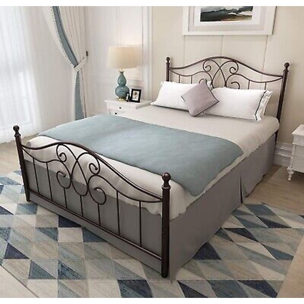 Elegant Antique Brown Queen Metal Bed Frame with Storage and Anti-Slip Design