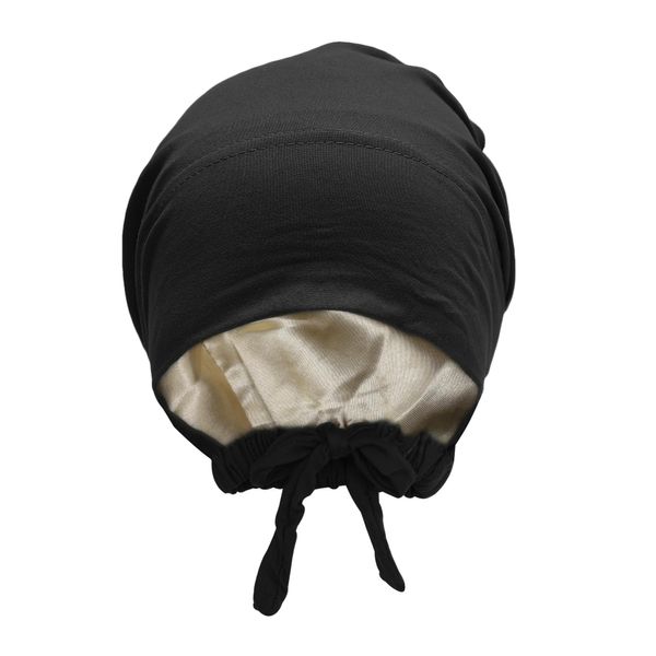 ZLYC Satin Lined Hijab Cap for Women Tie Back Hijab Undercap Inner Underscarf Hat (Solid Black)