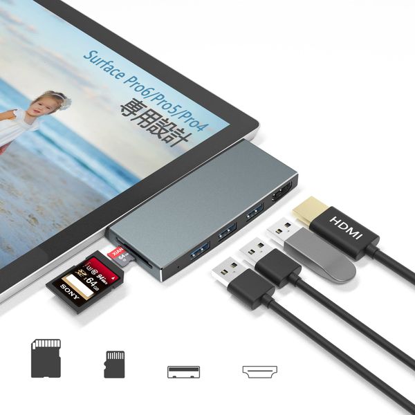 USB 3.0 Hub for Surface Pro 6/Pro 5/Pro 4 4K@30Hz HDMI Port SD/TF (Micro SD) Card Reader + 3 USB 3.0 Ports*3 High Speed Data Transfer Multi 6 in 1 Aluminum USB 3.0 Converter Adapter Docking Station