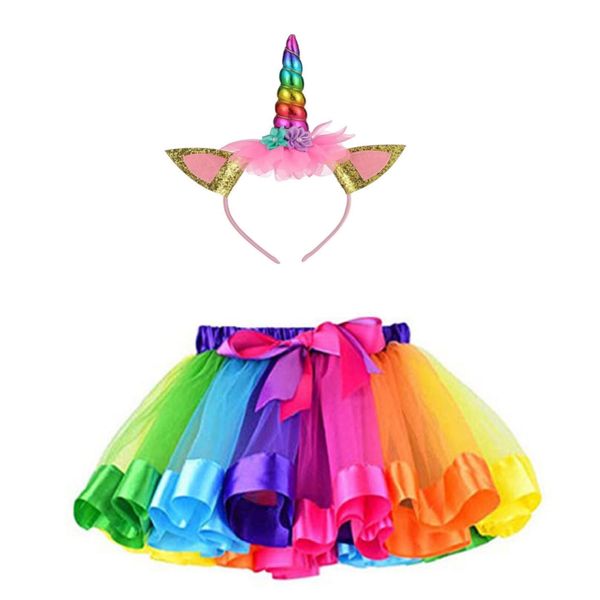 Girls Rainbow Unicorn Party Skirt Unicorn Headband Birthday Carnival Princess Tulle Skirt