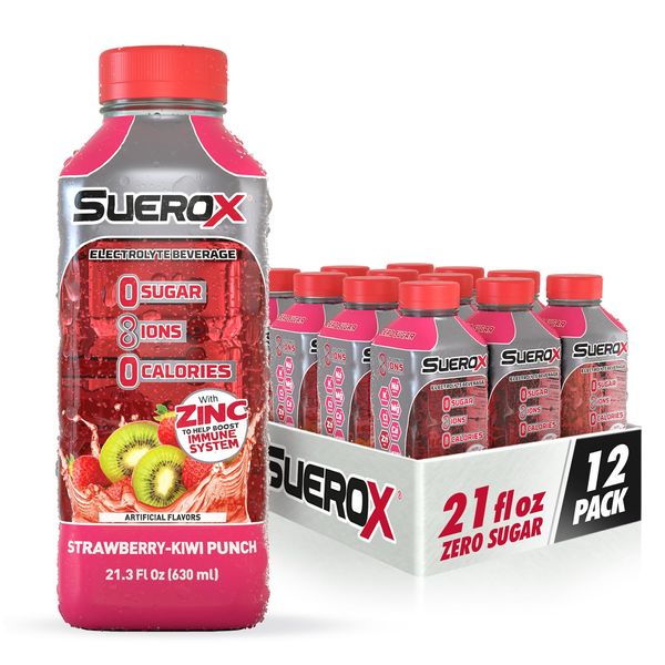 SueroX Zero Sugar Electrolyte Drink for Hydration and Recovery, Unique Blend of Electrolytes & 8 Ions, Zero Calorie Sports Drink, 21.3 Fl Oz, Strawberry-Kiwi Punch, 12 Count