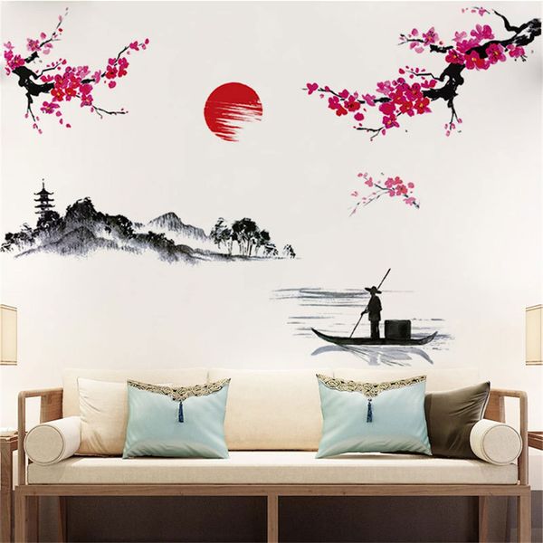 Condessacity Wall Stickers, Scenery, Flowers, Day, Plum Blossom, Mountain River, Boat, Stylish, Removable, Wall Stickers, Waterproof, Wall Stickers, Living Room, Entryway, Decoration, Wall Decor, Wall Decor, Interior Wall Art