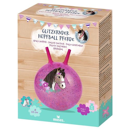 moses. Glittering Horse Bouncy Ball, Sparkling Jumping Ball for Horse Lovers with Star Confetti Filling, Indoor and Outdoor Toy for Children from 4 Years, Pink with Glitter