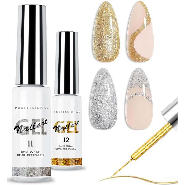 Liner Nail Gel Polish-Gold & Silver Glitter Gel Nail Polish for Fineliner Nail Art, French Manicure Nail Polish, UV Shellac Color Gel with thinner Brush for Professionals and Beginner(2 Bottles)