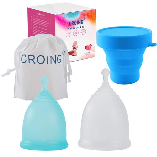 CROING 𝙋𝙚𝙧𝙞𝙤𝙙 𝘾𝙪𝙥 2 pcs Menstrual Cup with 1 pc Silicone Cup and 1 pc Storage Bag,Menstrual Cup Holder, Storing Period Cup (Blue and White)