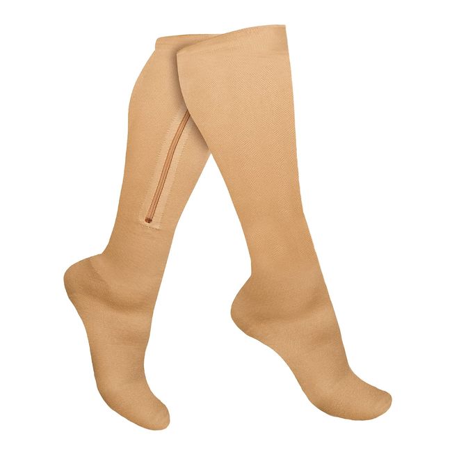 Zipper Compression Socks 15-20mmHg Closed Toe with Zip Guard Skin  Protection - Medical Zippered Compression Socks for Men & Women \u2013 XXL  Short, Beige 