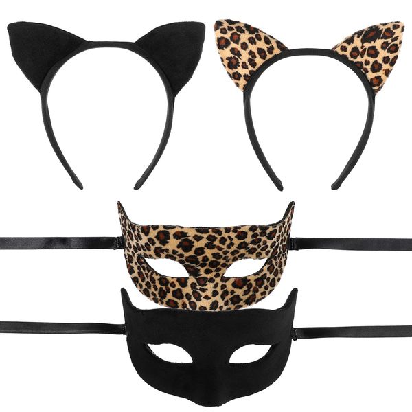 FRCOLOR Cat Ear Headband Costume Set Masquerade Cat Cosplay Costume Accessories Halloween Make Up Party Favors for Kids Adults, 2 Sets (Black, Leopard Print)