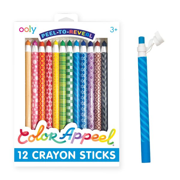 OOLY Color Appeel Crayon Sticks, Set of 12 Peelable Crayons for Kids,Wax Crayons Wrapped in Paper in 12 Unique Colors for Art Projects, Stationery Kits, School Supplies [Generation 2]