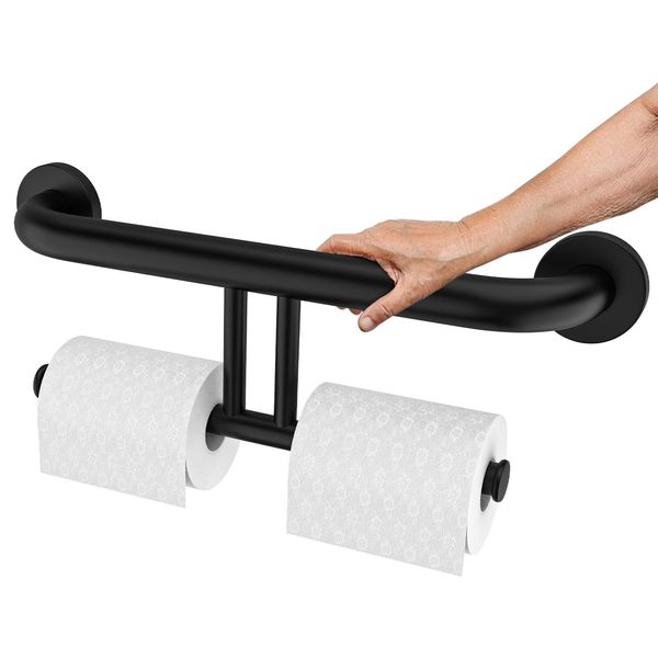 Black Handicap Grab Bar w/Toilet Paper Roll Holder, 2-in-1 Safety Assist Bar ...