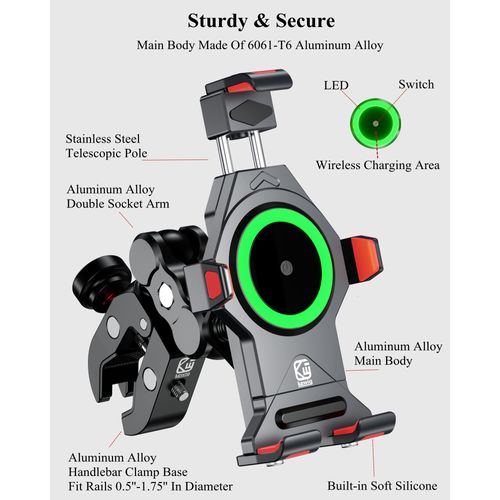 BRCOVAN Motorcycle Phone Mount with 15W Qi Wireless Charger & Vibration Dampener, Metal, Anti-Theft, Anti-Shake, Adjustable Motorcycle Handlebar Cellphone Holder Fit 4.7''-7.2'' Smartphones