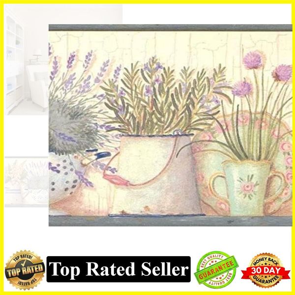 Wallpaper Border Garden Pattern Plants Flowers Leaves Pots Pans for Room 7.5"15'