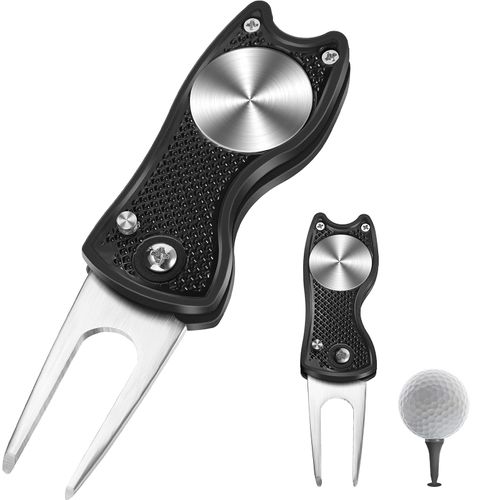 Golf Divot Tool Stainless Steel Golf Divot Repair Tool Foldable Golf Divot Tool Metal Golf Divot Tool with Knob and Golf Ball Marker for Golf, Black