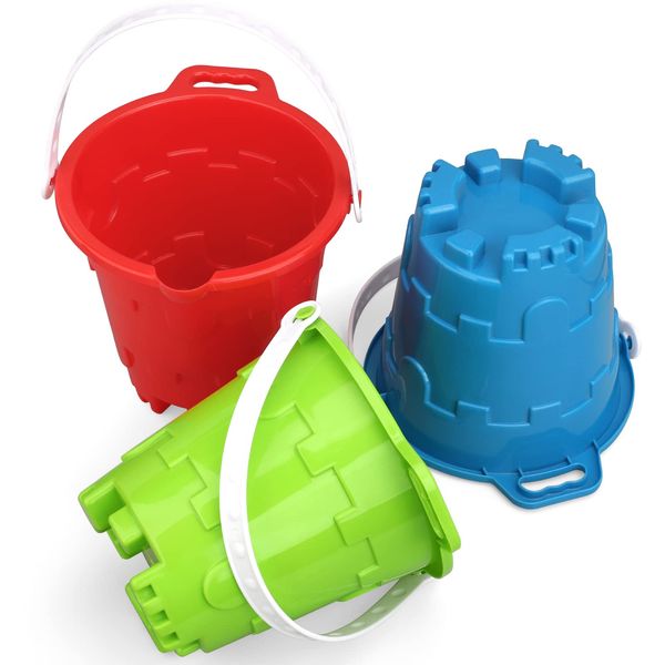 Beach Sand Toy Bucket Gear For Kids Adult, 7" Plastic Beach Castle Mold Buckets, Sand Pail Water Bucket for Summer Party Fishing, Space Saving Outdoor Waterpot for Garden Camping Accessory (3PCS)