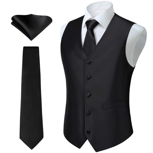 HISDERN Men's Vests Dress Solid Suit Vest for Men 3pc Waistcoat & Tie and Pocket Square Black Vest Suit Tuxedo Set Wedding Party