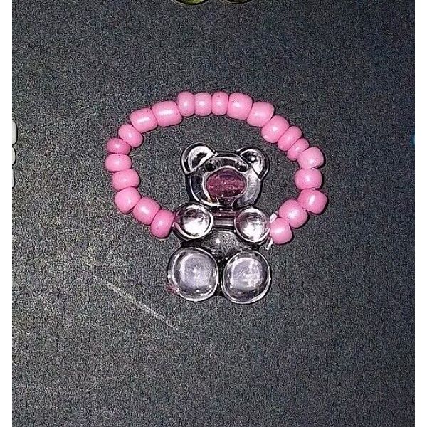 🧸NEW PINK Plastic Gummy Candy Bear Stretchable Bead Jewelry Ring