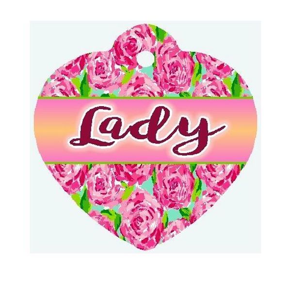 Personalized PINK ROSES Heart Shaped PET ID TAGS Info Printed on 2 Sides